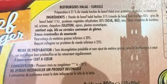 Beef burger ingredients label