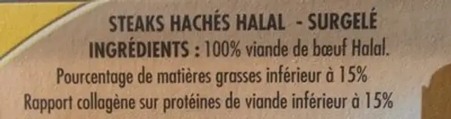 10 Steaks Hachés 100% Pur Bœuf 800g (15% matière grasse) ingredients label