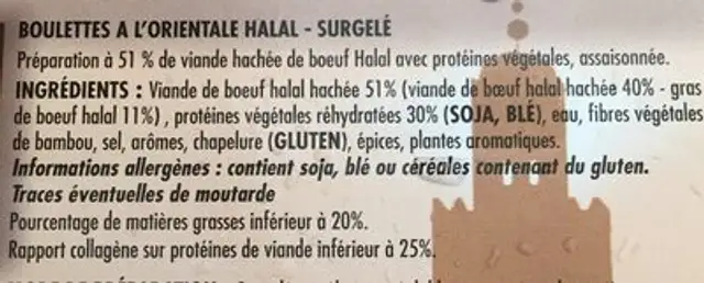 Boulette a l'orientale ingredients label
