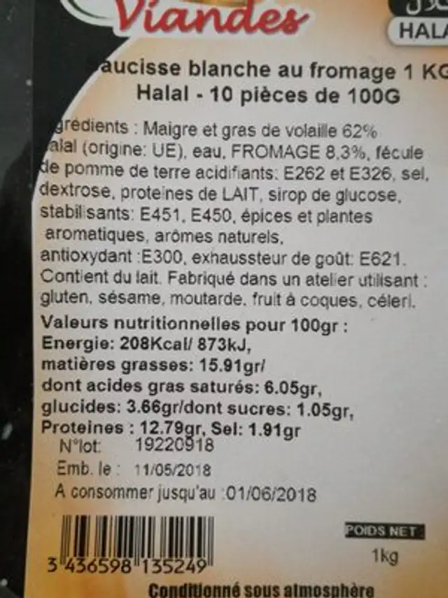 Saucisse Blanche au fromage ingredients label