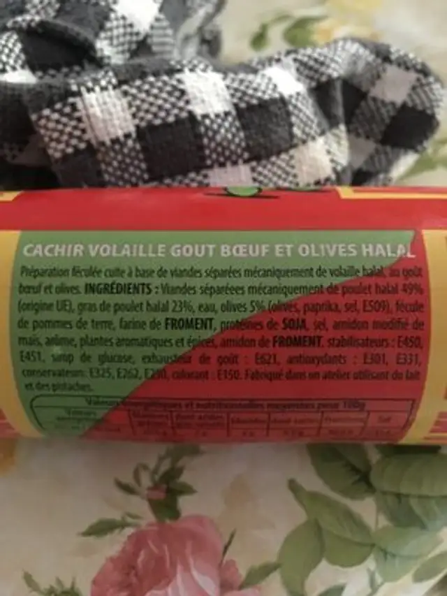 Cachir gout boeuf olives ingredients label