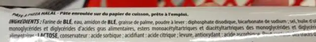 Pâte à pizza ingredients label