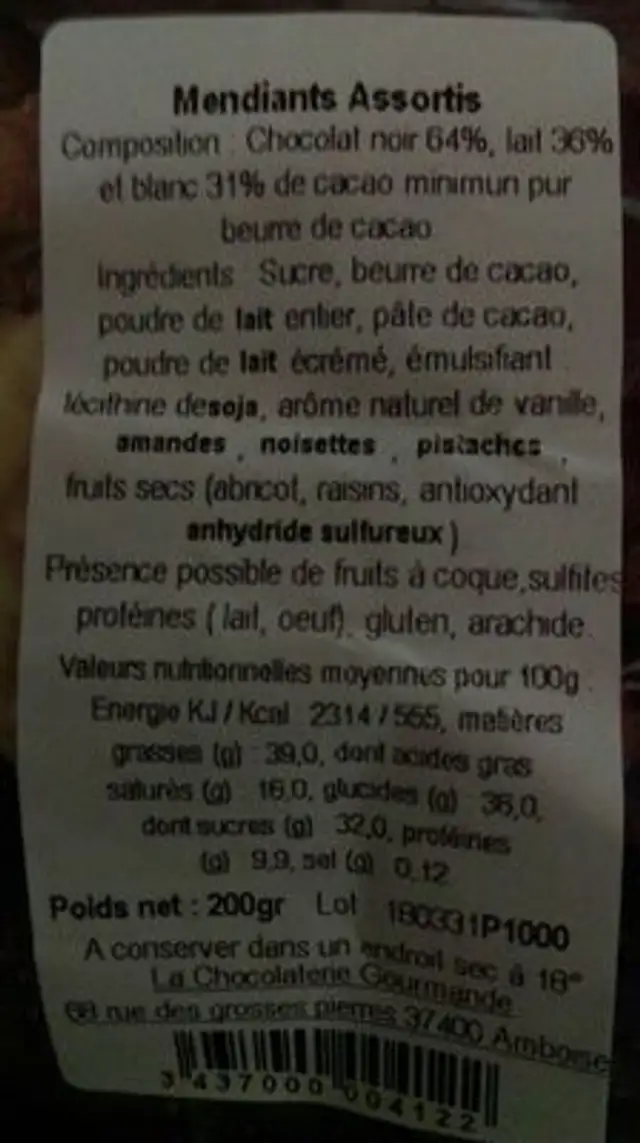 Mendiant assortis ingredients label