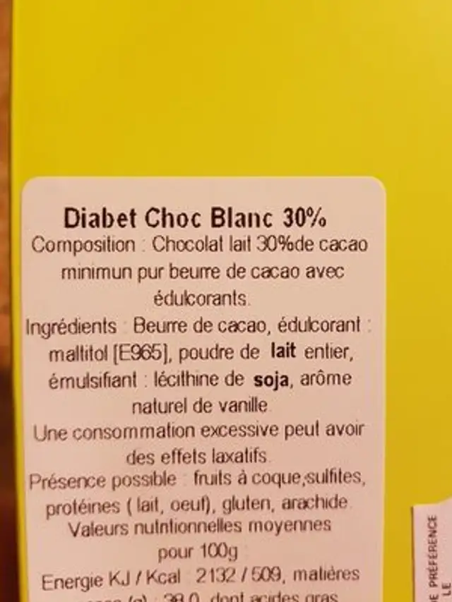 Diabète Chocolat Blanc ingredients label
