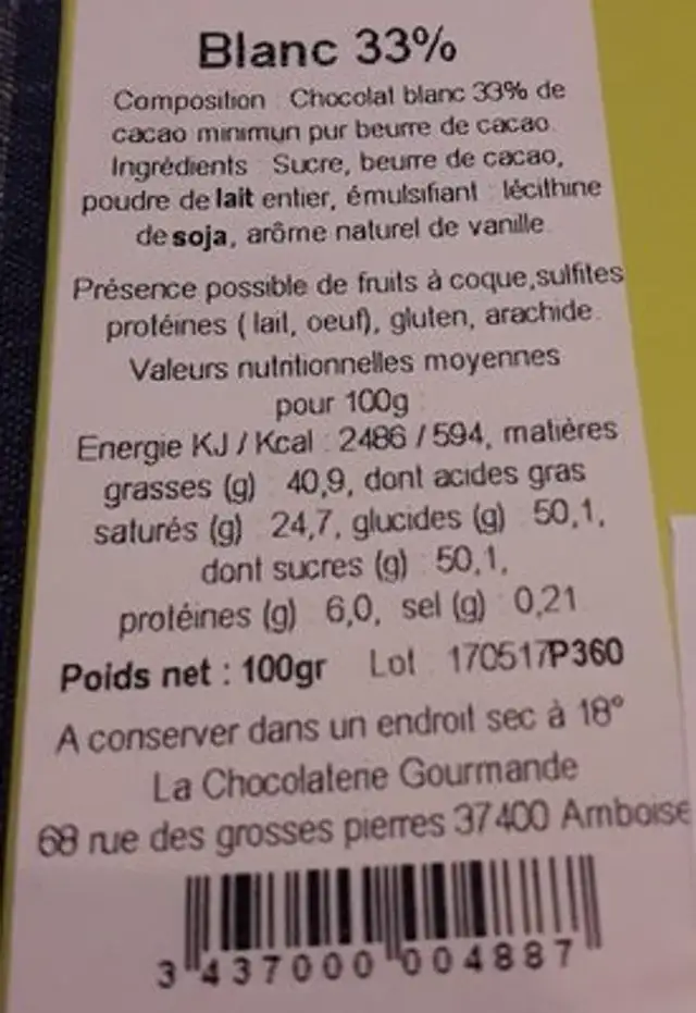 Chocolat blanc ingredients label