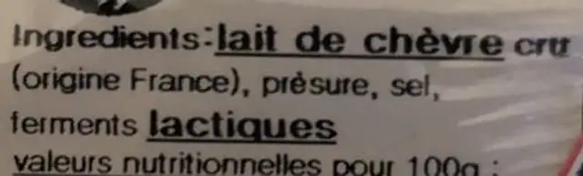 Fromage de chèvre au lait cru ingredients label