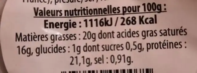 Fromage de chèvre au lait cru nutrition facts table