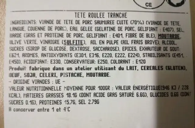 Tête roulée tranche ingredients label