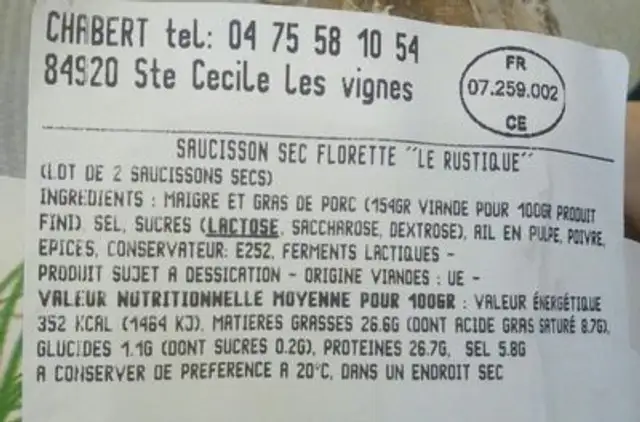 Saucisson sec Florette Le Rustique ingredients label
