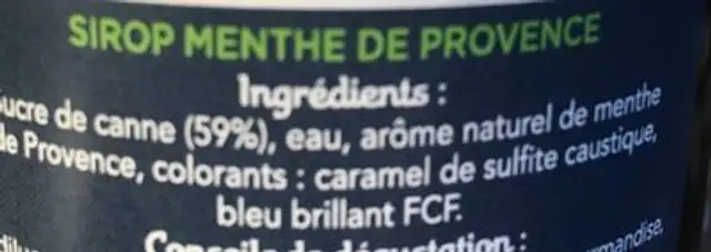 Sirop Menthe de Provence ingredients label