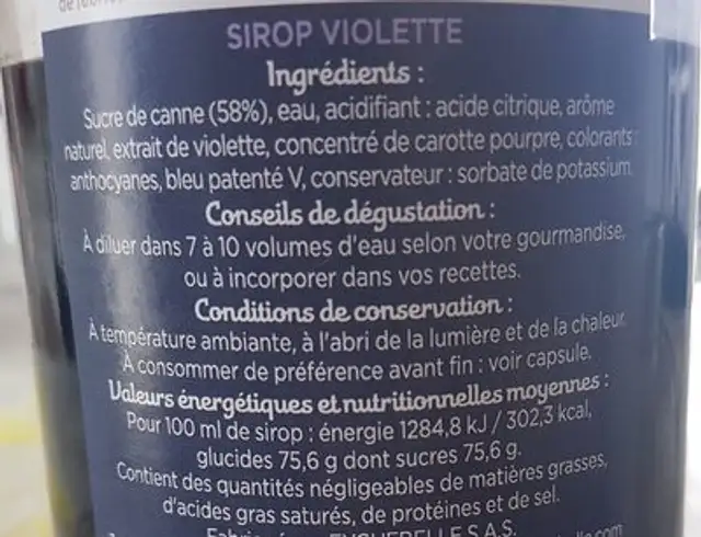 Sirop violette ingredients label