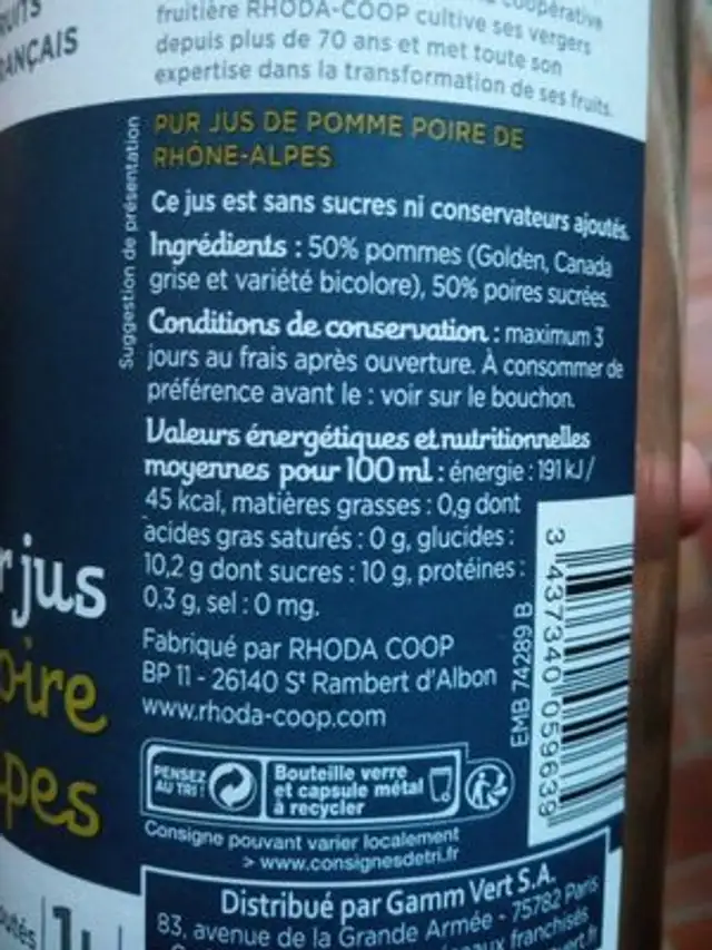 Pur jus Pomme-,Poire de Rhône Alpes ingredients label
