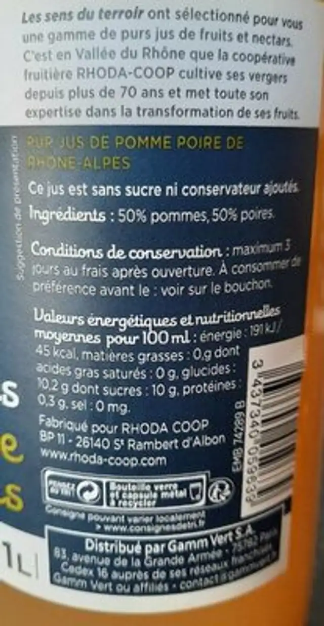 Pur jus Pomme-,Poire de Rhône Alpes nutrition facts table