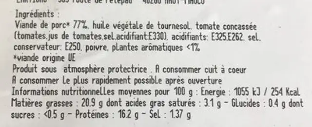 Araignees de porc marinees ingredients label