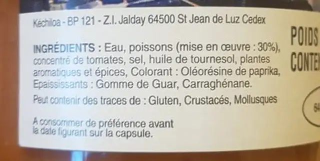 Soupe de poisson ingredients label