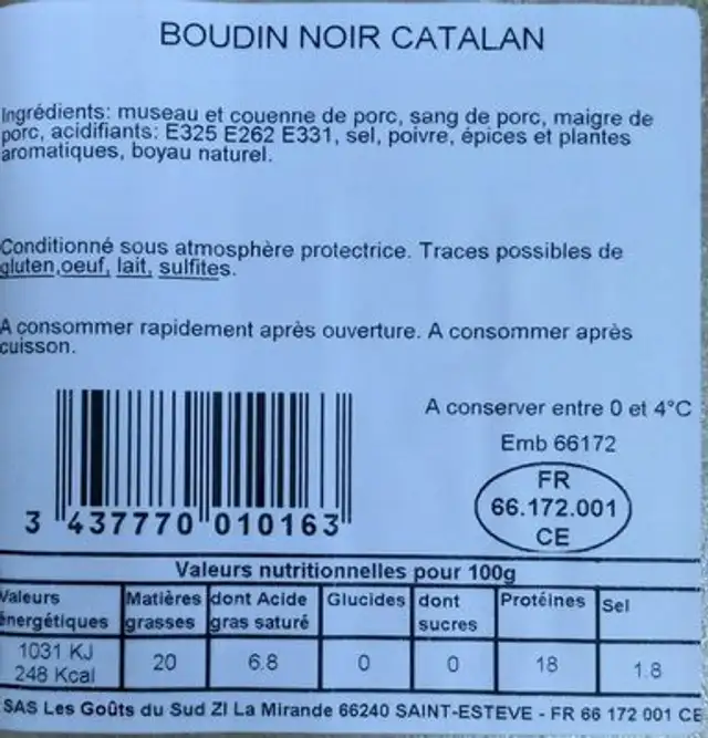 Boudin Noir Catalan Goût Du Sud, x2 ingredients label