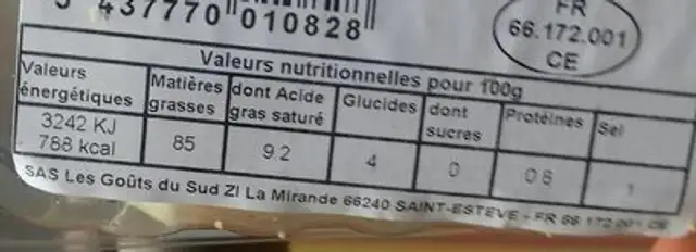 Aioli Gout du Sud Barquette nutrition facts table