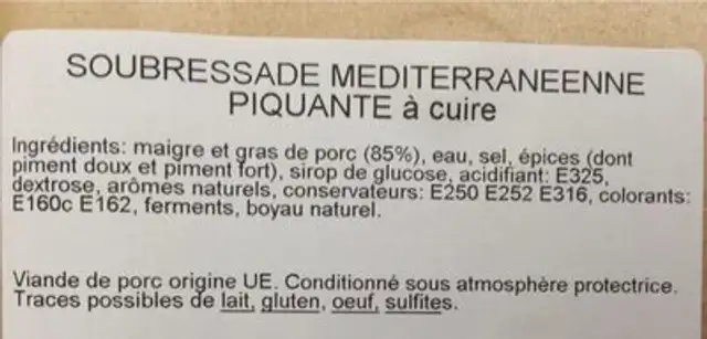 Soubressade piquante ingredients label