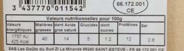 Soubressade piquante nutrition facts table