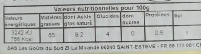 Aioli catalan à l'ail frais nutrition facts table