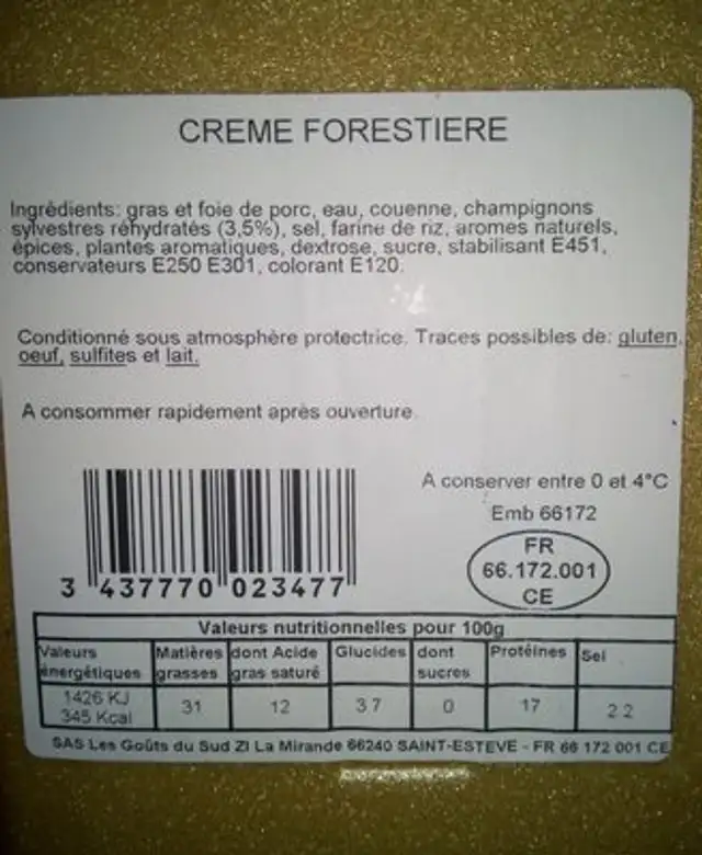 Crème forestière ingredients label
