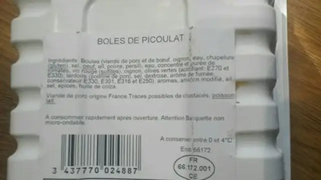 Boles de picoulat ingredients label