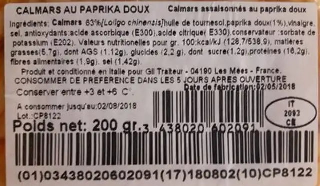 Calamars au paprika doux ingredients label