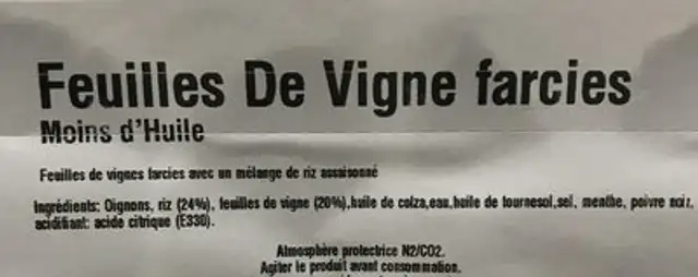 Feuilles de vignes ingredients label