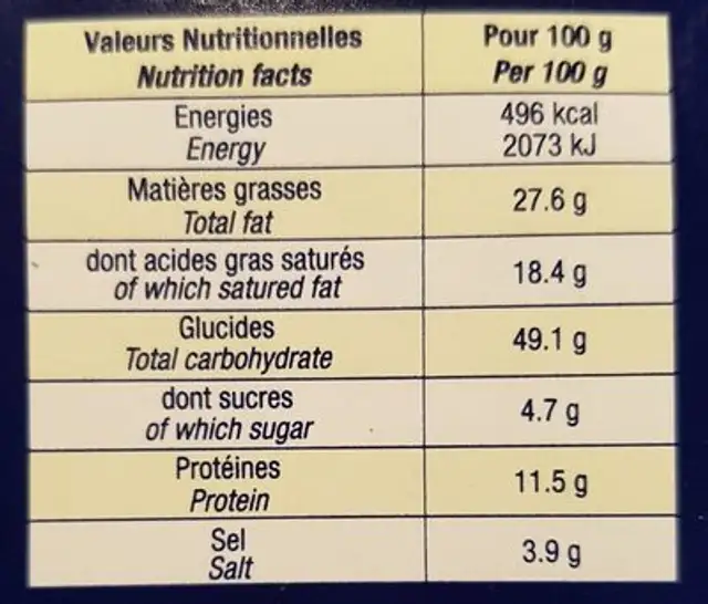 Les apérigaufres nutrition facts table