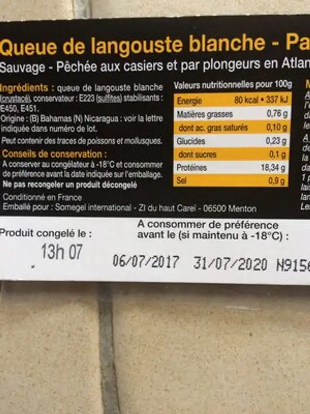 Queues de langouste d'Atlantique centre ouest, 2 pieces ingredients label