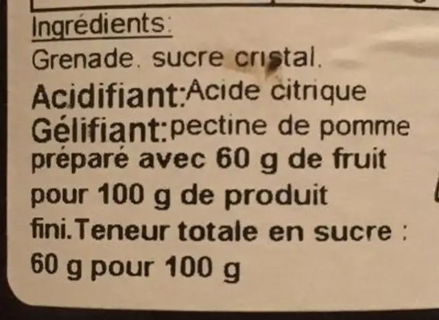 Confiture de grenade ingredients label