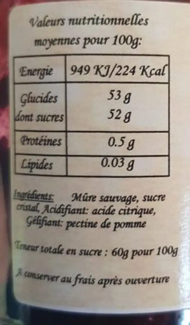 Confiture de mûre sauvage ingredients label