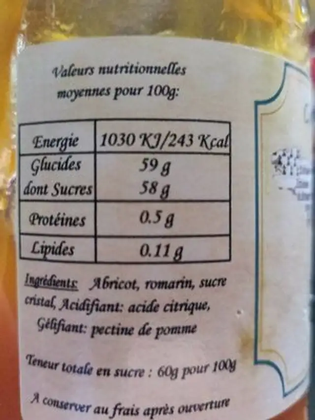 Confiture d'abricot au romarin nutrition facts table