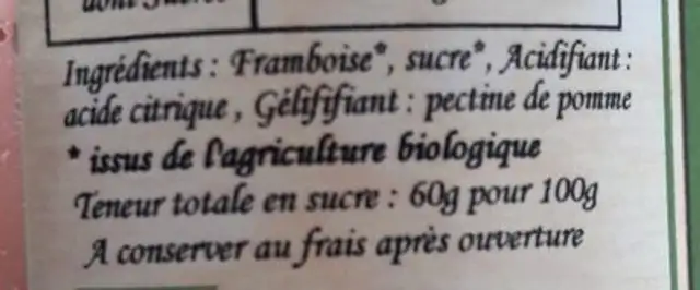 Confiture bio framboise ingredients label
