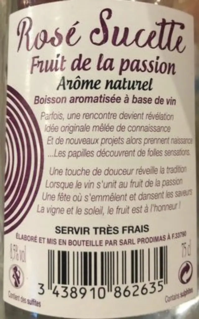 Rosé Sucette Passion Boisson Aromatisée Rosé x1 ingredients label
