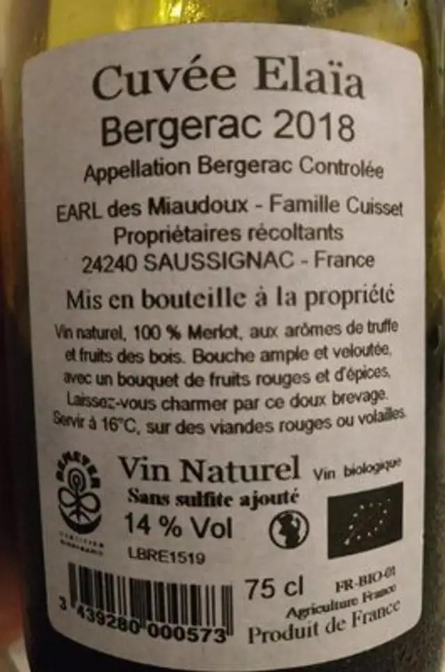 Cuvée Elaïa nutrition facts table