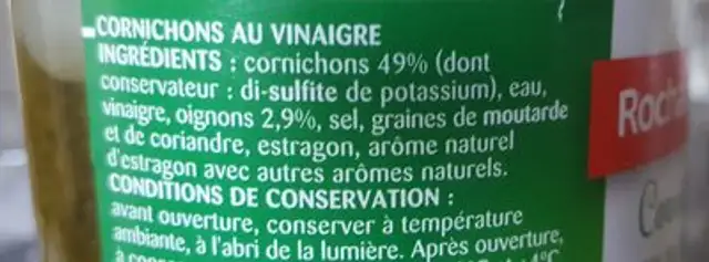 Cornichons Au Vinaigre Extra-fins ingredients label