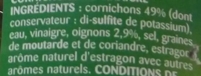 Cornichons au vinaigre extra fins ingredients label