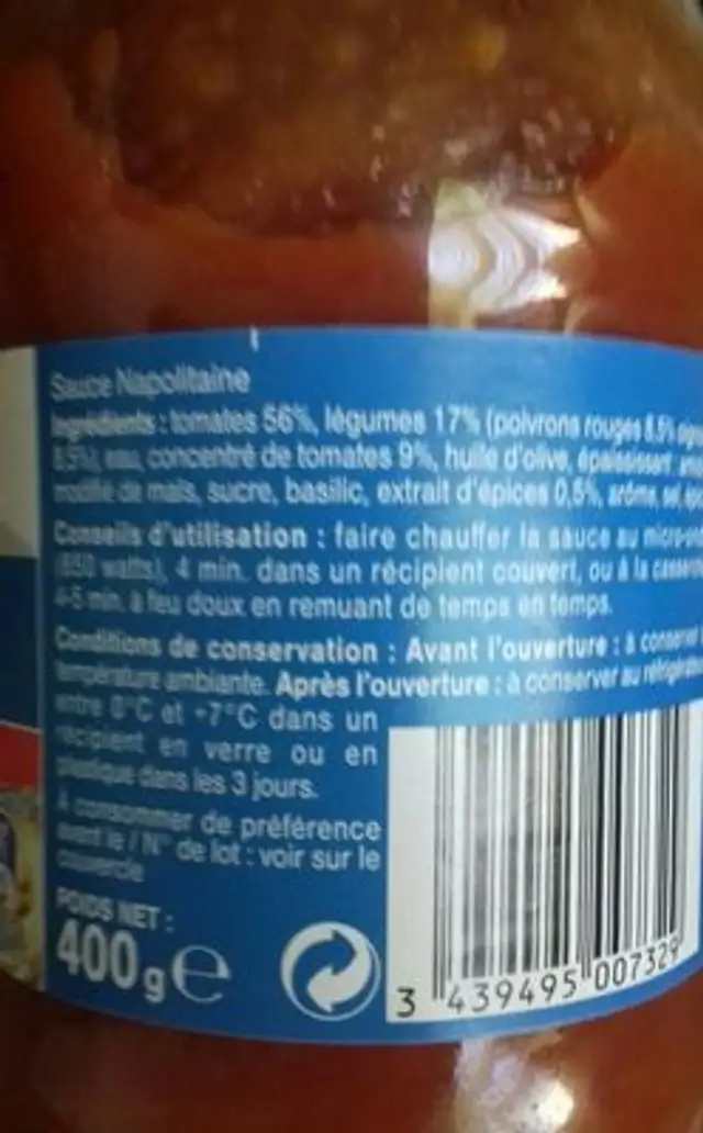 Sauce Napolitaine 400g ingredients label