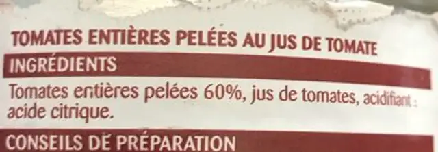 Tomates Entières Pelées Au Jus ingredients label