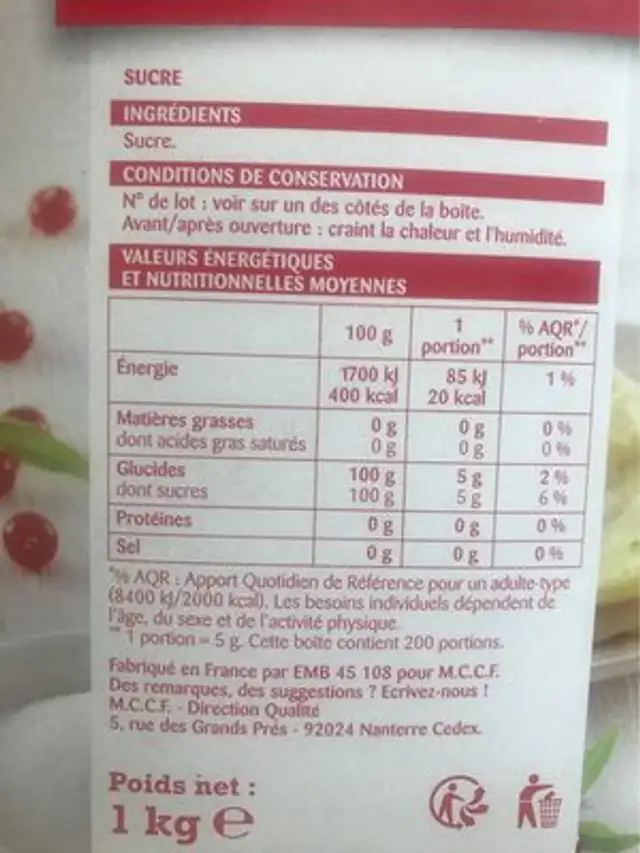 Sucre poudre nutrition facts table