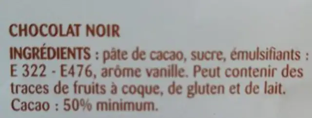 Chocolat noir ingredients label