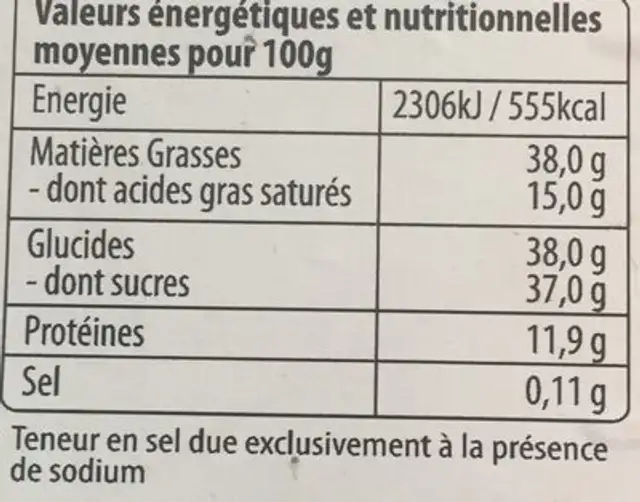 Truffines amandes cacaotées nutrition facts table