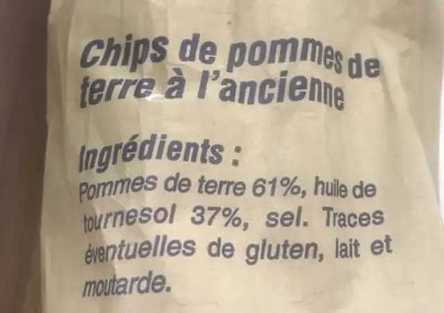 Chips de pommes de terre ingredients label