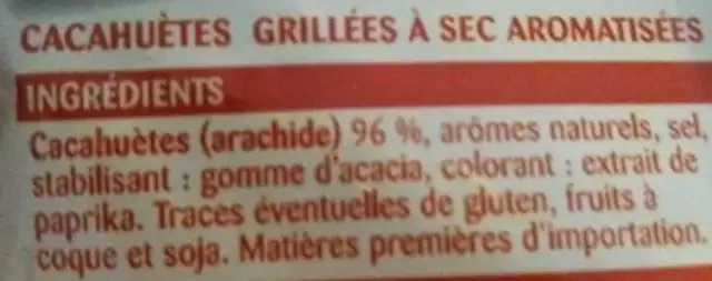 Cacahuetes Grillees a Sec ingredients label