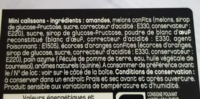 Mini calissons ingredients label