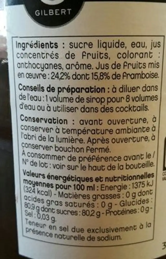 Sirop De Framboise ingredients label