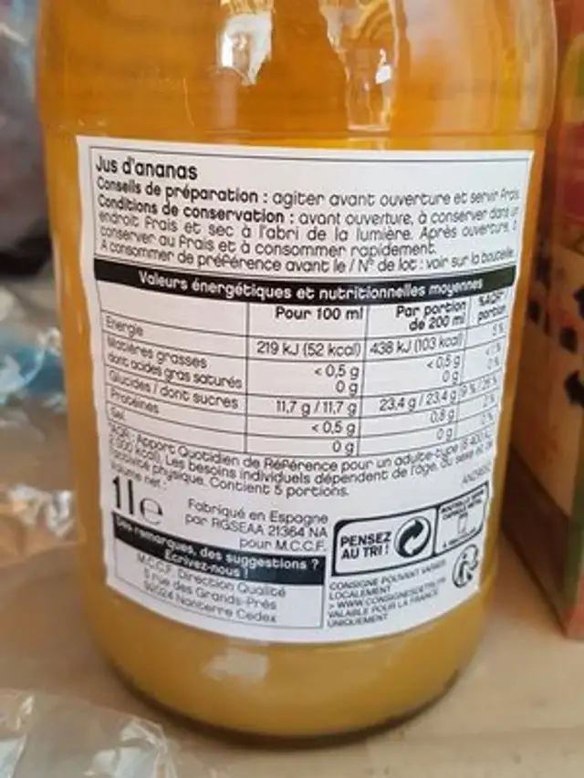 Pour jus d ananas ingredients label