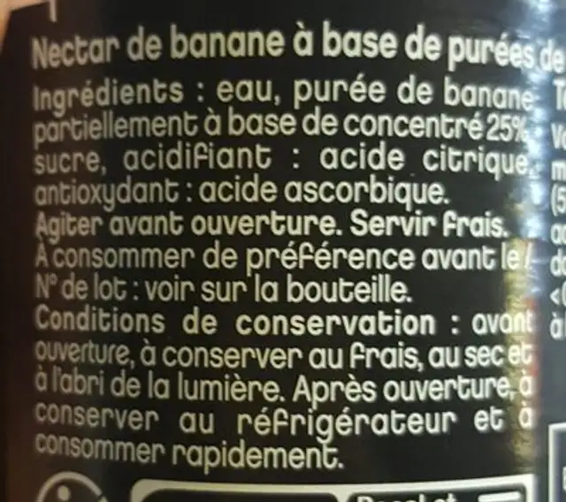 Jus de ACE ingredients label