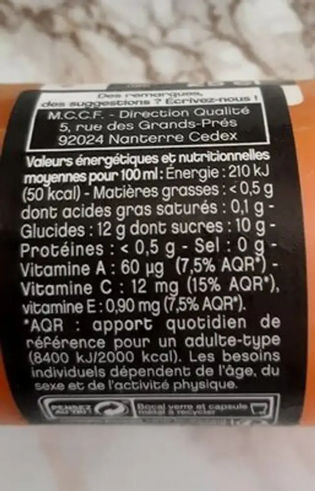 Jus de ACE nutrition facts table